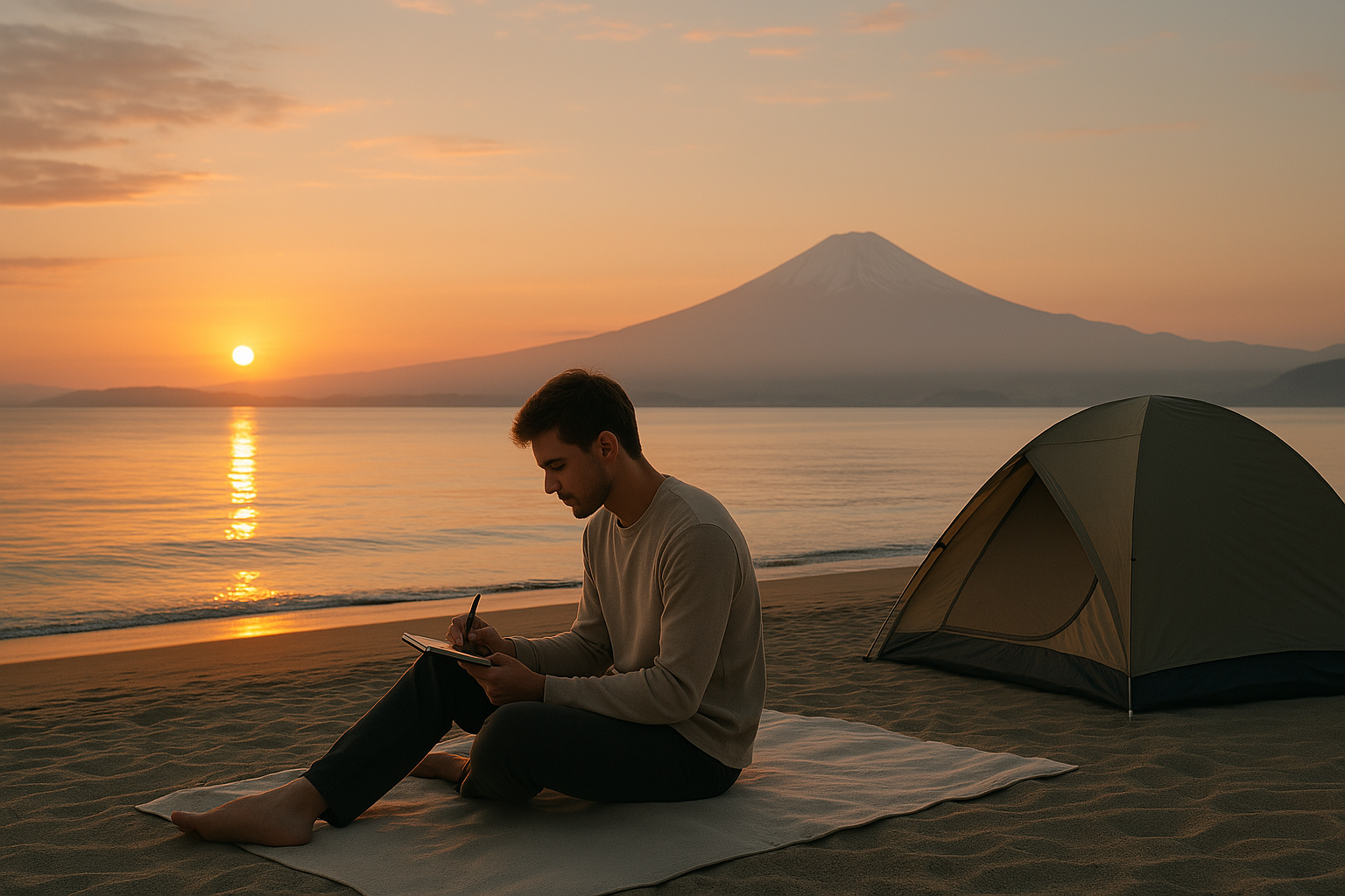 Man journaling alone on a beach at sunset beside a tent with Mount Fuji in the background, symbolizing peace, solitude, and personal reflection during solo travel.